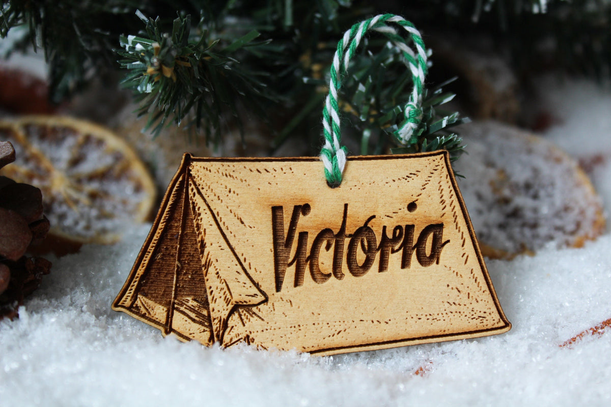 Personalised Camping Christmas Ornament Tent Adventurer Nomad Wood Custom Laser Engraved Rustic Wood Name Personalised Decoration Irish