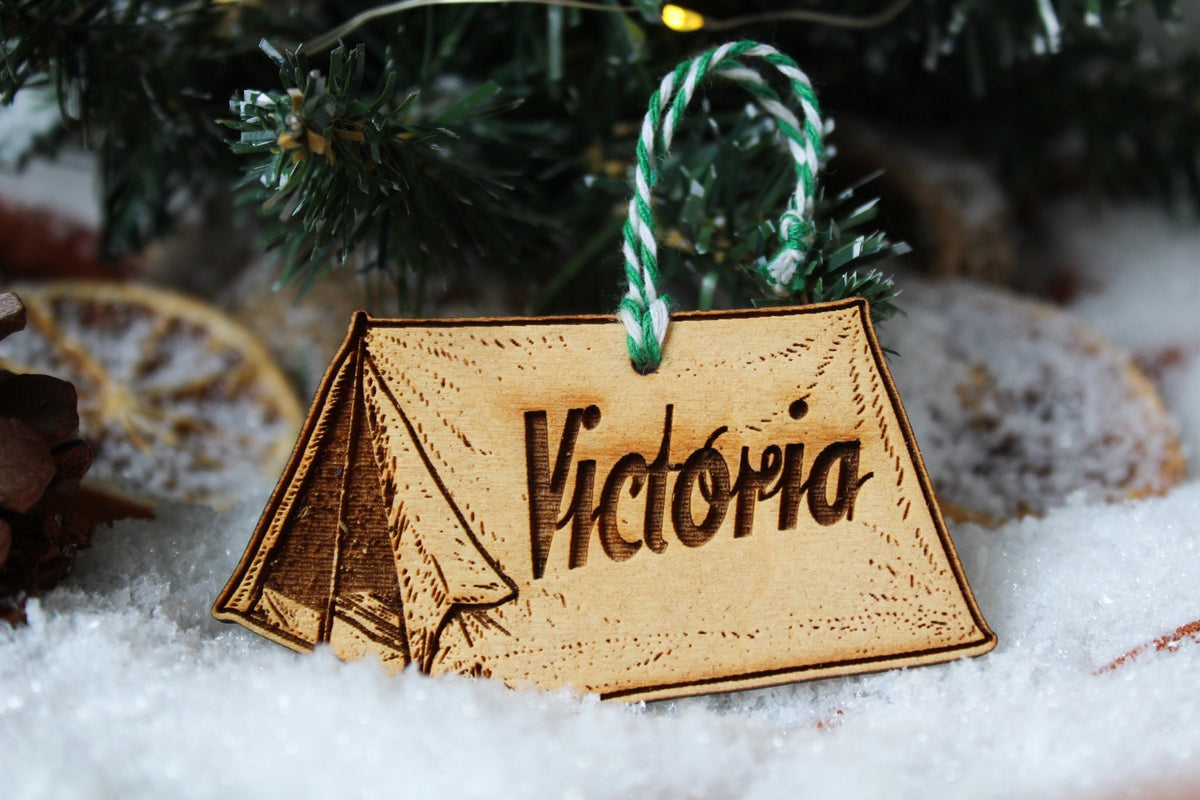 Personalised Camping Christmas Ornament Tent Adventurer Nomad Wood Custom Laser Engraved Rustic Wood Name Personalised Decoration Irish