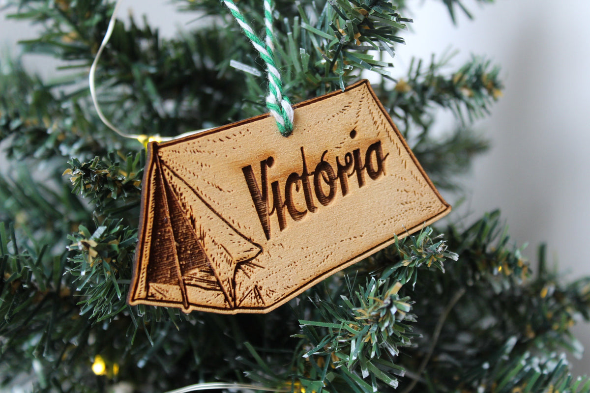 Personalised Camping Christmas Ornament Tent Adventurer Nomad Wood Custom Laser Engraved Rustic Wood Name Personalised Decoration Irish