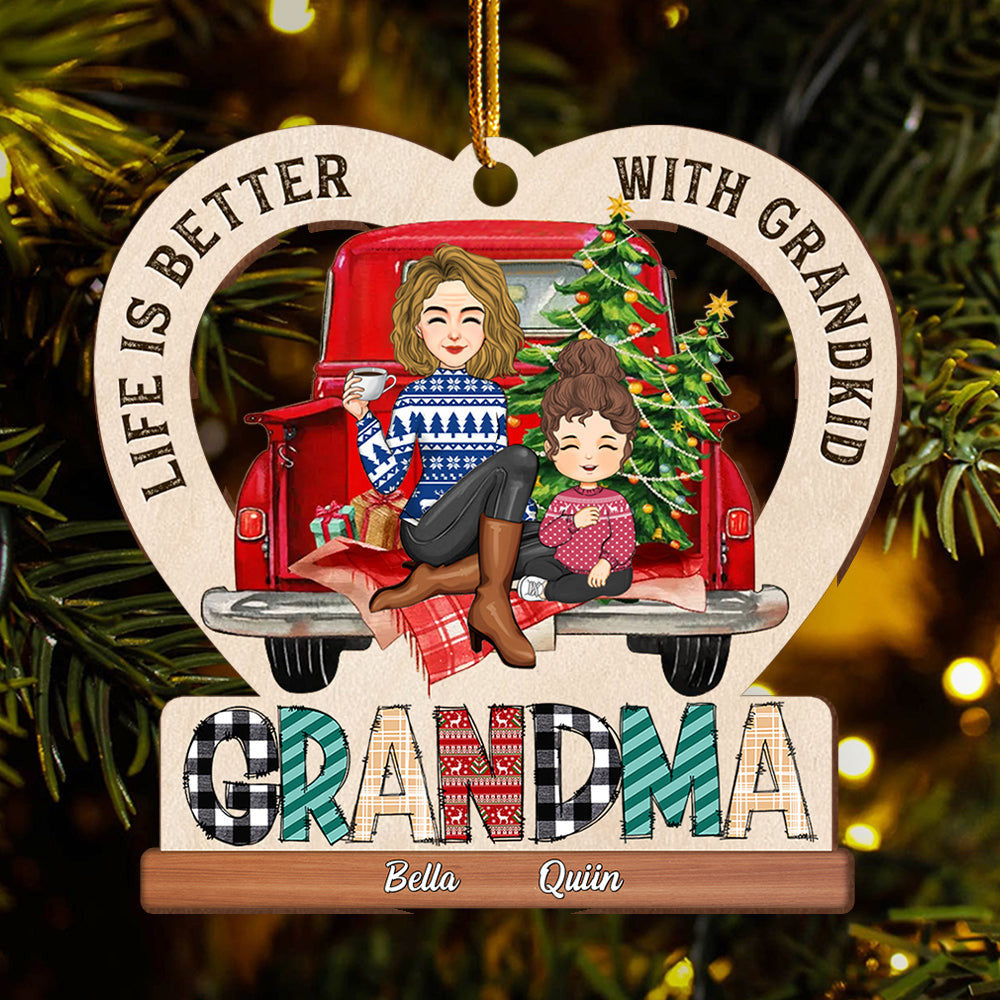 Life Is Better With Grandkids - Grandma Claus Christmas Pattern - Personalized Wooden Ornament