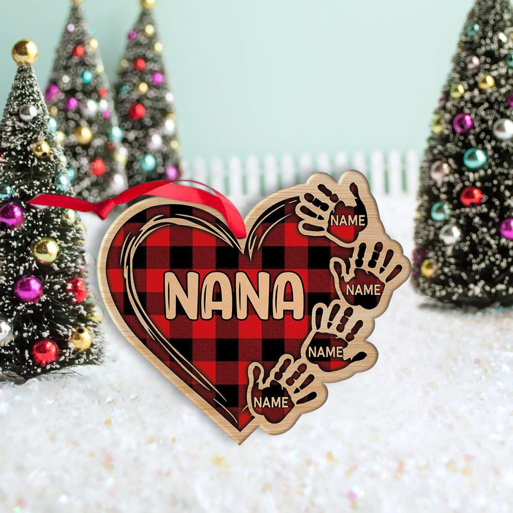 Personalized Ornament Gift For Grandma - Custom Ornaments Gift For Grandma - Heart Hand Print Rec Plaid Wood Ornament