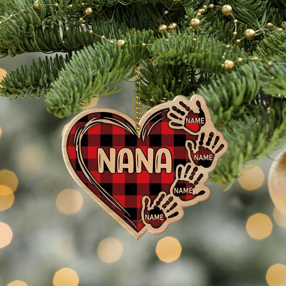 Personalized Ornament Gift For Grandma - Custom Ornaments Gift For Grandma - Heart Hand Print Rec Plaid Wood Ornament