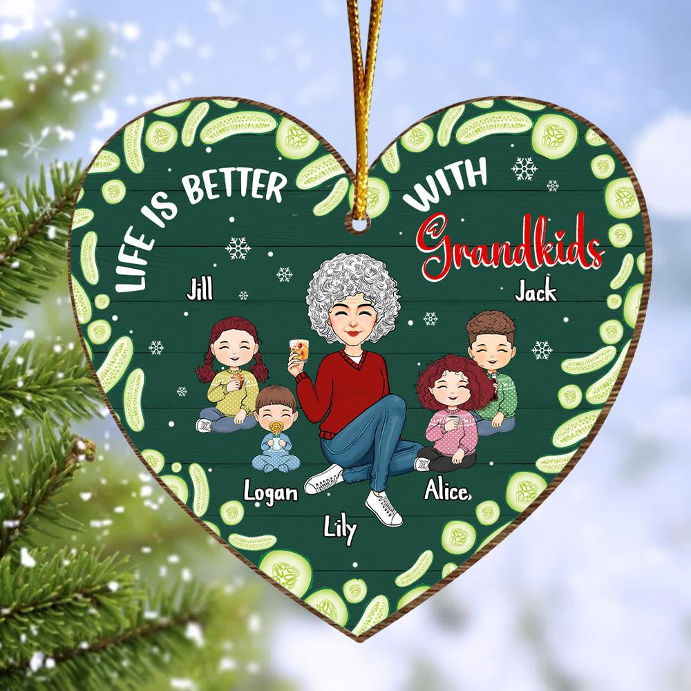 Grandma Grandkids Pickle Heart Personalized Wooden Ornament