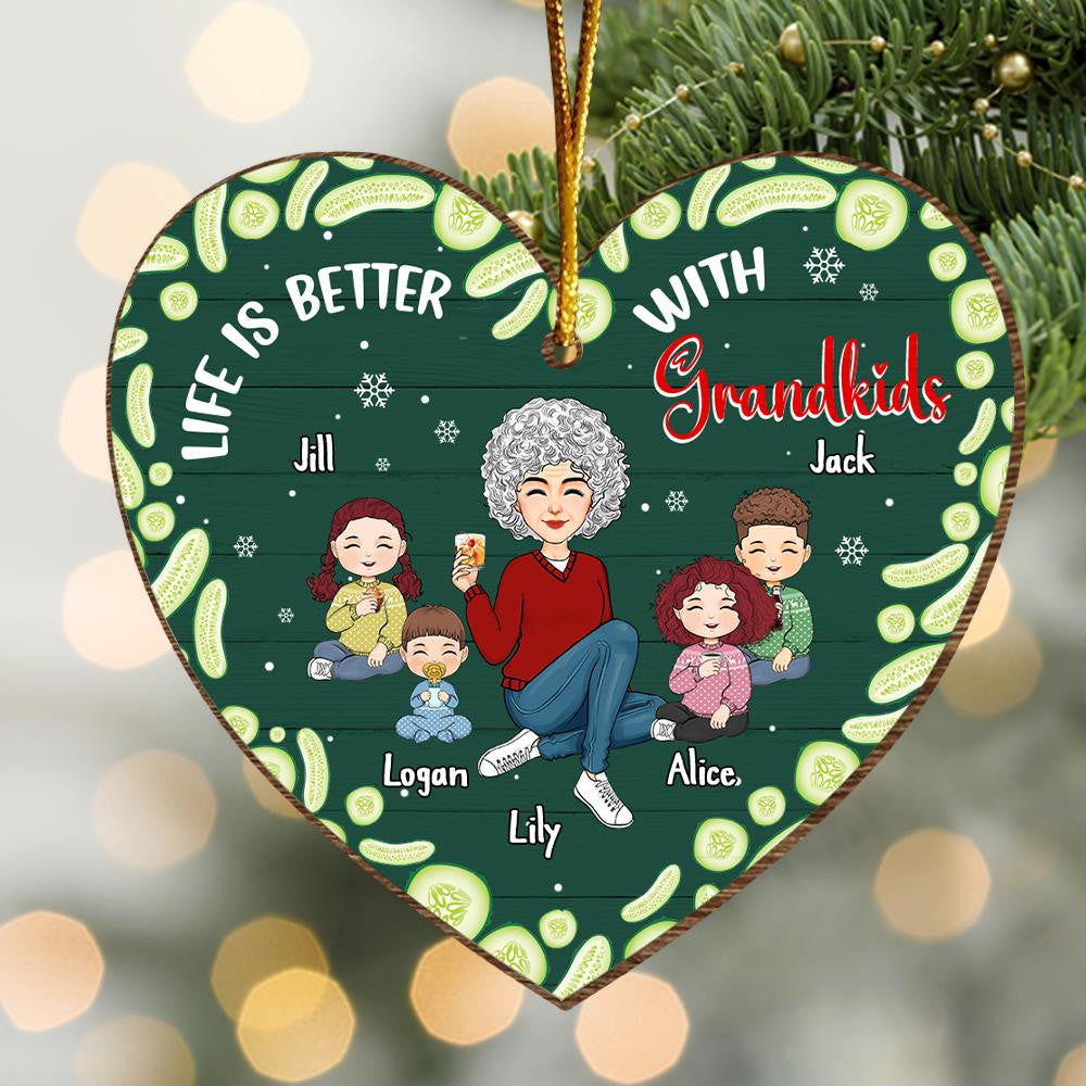 Grandma Grandkids Pickle Heart Personalized Wooden Ornament
