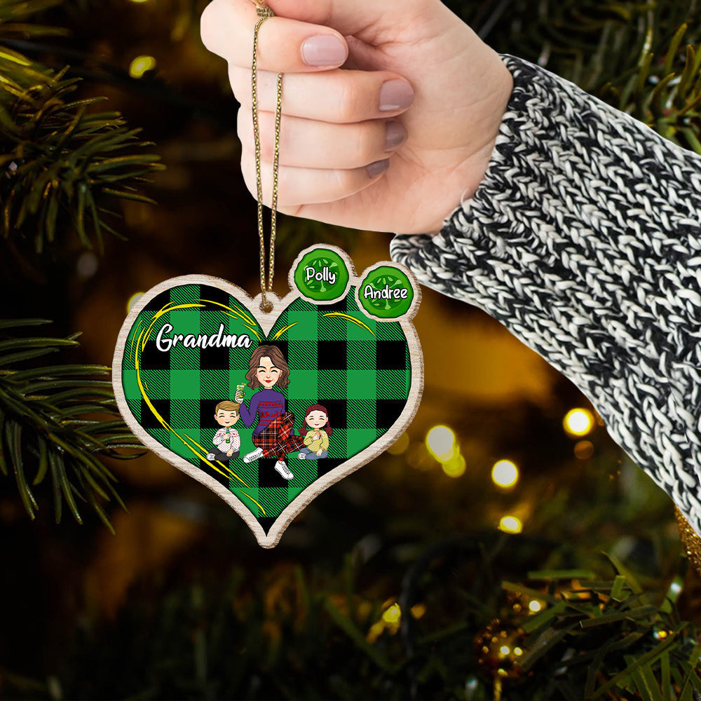 Grandma Grandkids Christmas Pickle Heart Personalized Wooden Ornament