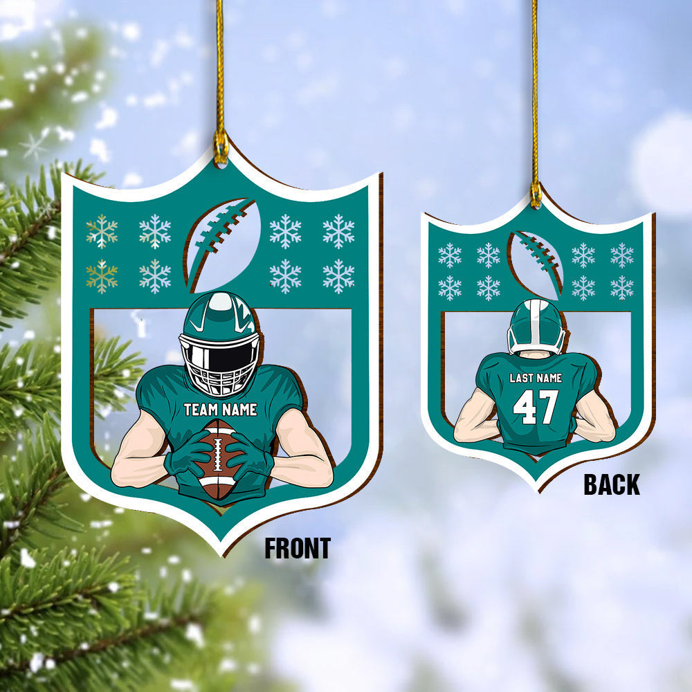 Personalized American Football Player Pose 2 Sided Shape Wood Ornament - Custom Ornaments Gift For Football Lovers