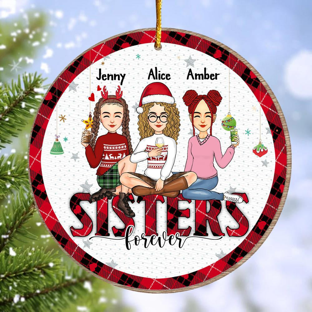 Besties By Heart - Bestie Personalized Custom Ornament - Wooden Round Shaped - Christmas Gift For Best Friends, Bff, Sisters
