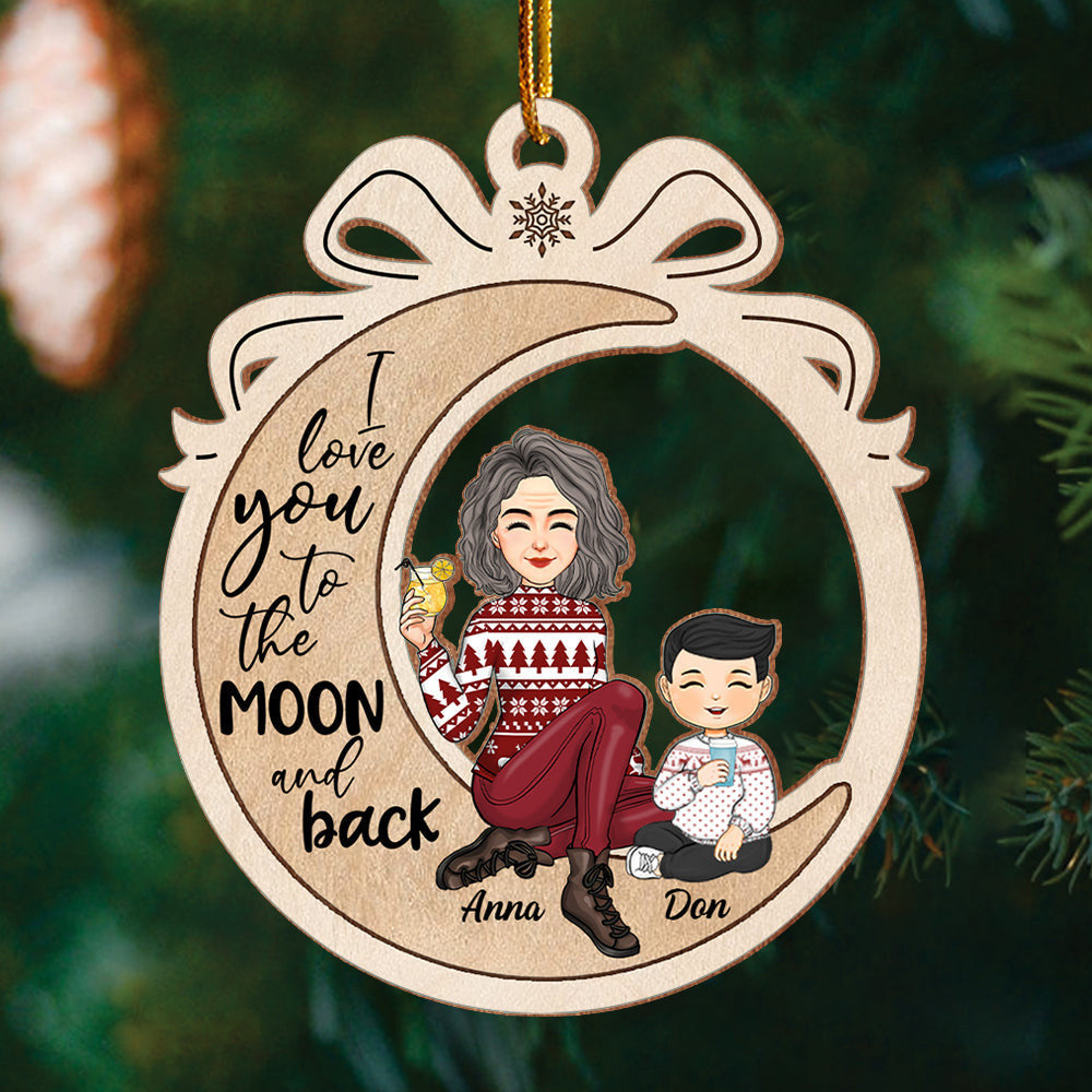 I Love You To The Moon And Back - Cute Grandma Grandkids Sitting Ribbon Personalized Wooden Ornament