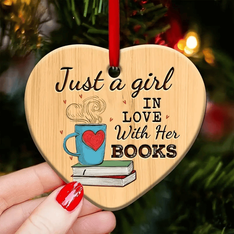 Whimsical Book Lover Heart Ornament - Ceramic Heart-Shaped, Christmas Tree Decor