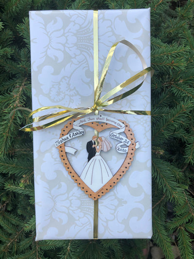 Personalized Wedding Couple Bride And Groom Heart Ornament- Wood, Laser Cut Wood Hanging Ornament