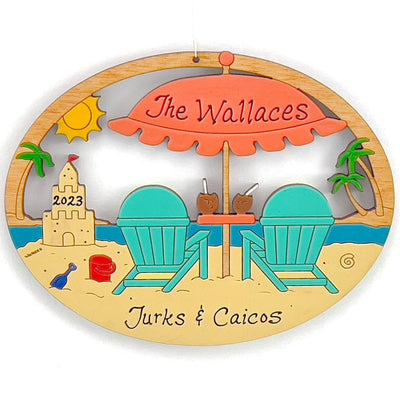Personalized Beach Scene Vacation Christmas Ornament-Wood, Laser Cut Wood Hanging Ornament