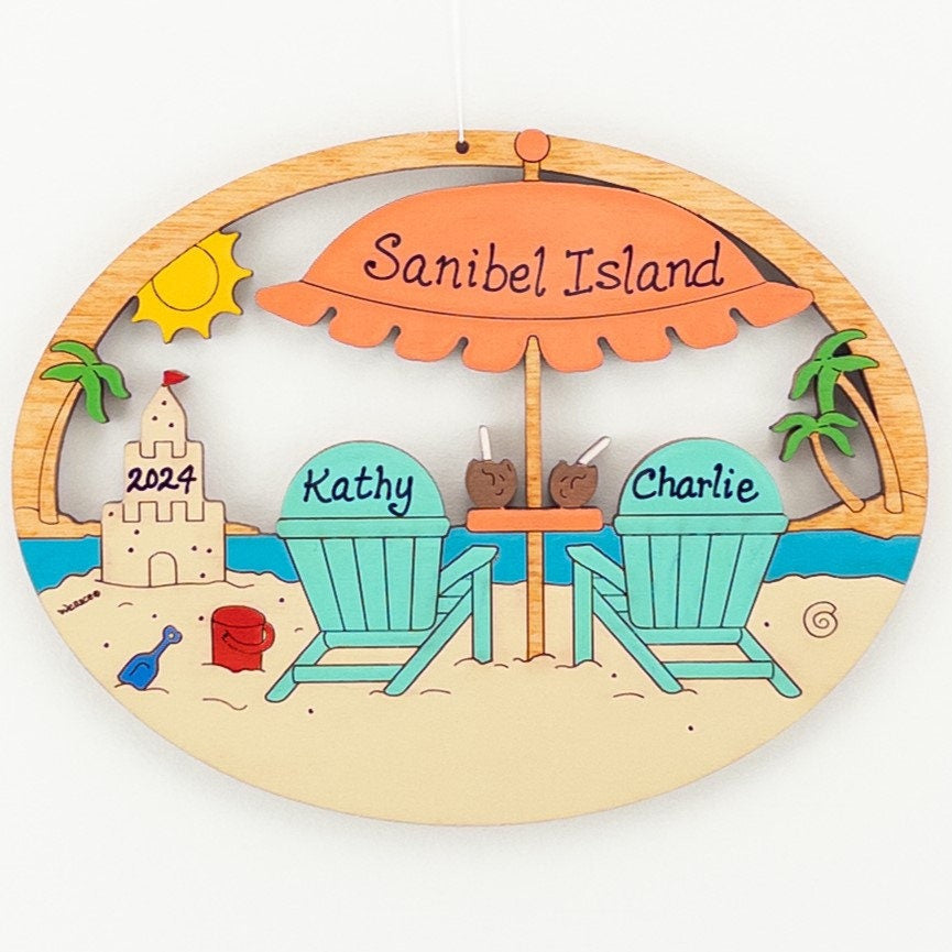 Personalized Beach Scene Vacation Christmas Ornament-Wood, Laser Cut Wood Hanging Ornament