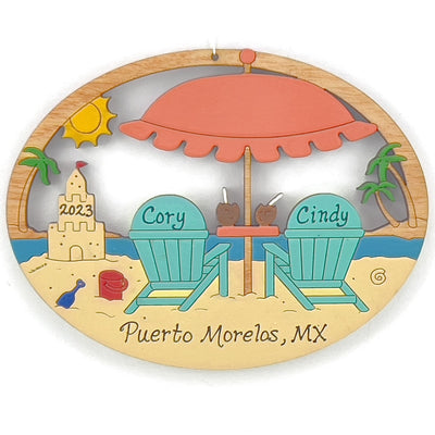 Personalized Beach Scene Vacation Christmas Ornament-Wood, Laser Cut Wood Hanging Ornament