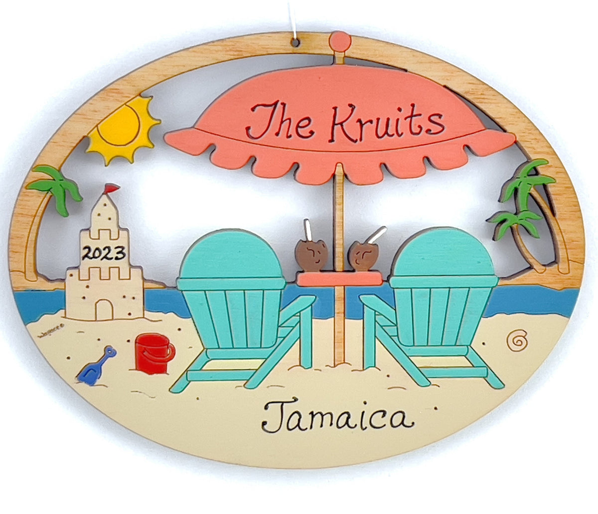 Personalized Beach Scene Vacation Christmas Ornament-Wood, Laser Cut Wood Hanging Ornament