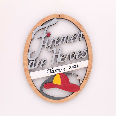 Personalized Fireman Christmas Ornament-Wood, Laser Cut Wood Hanging Ornament