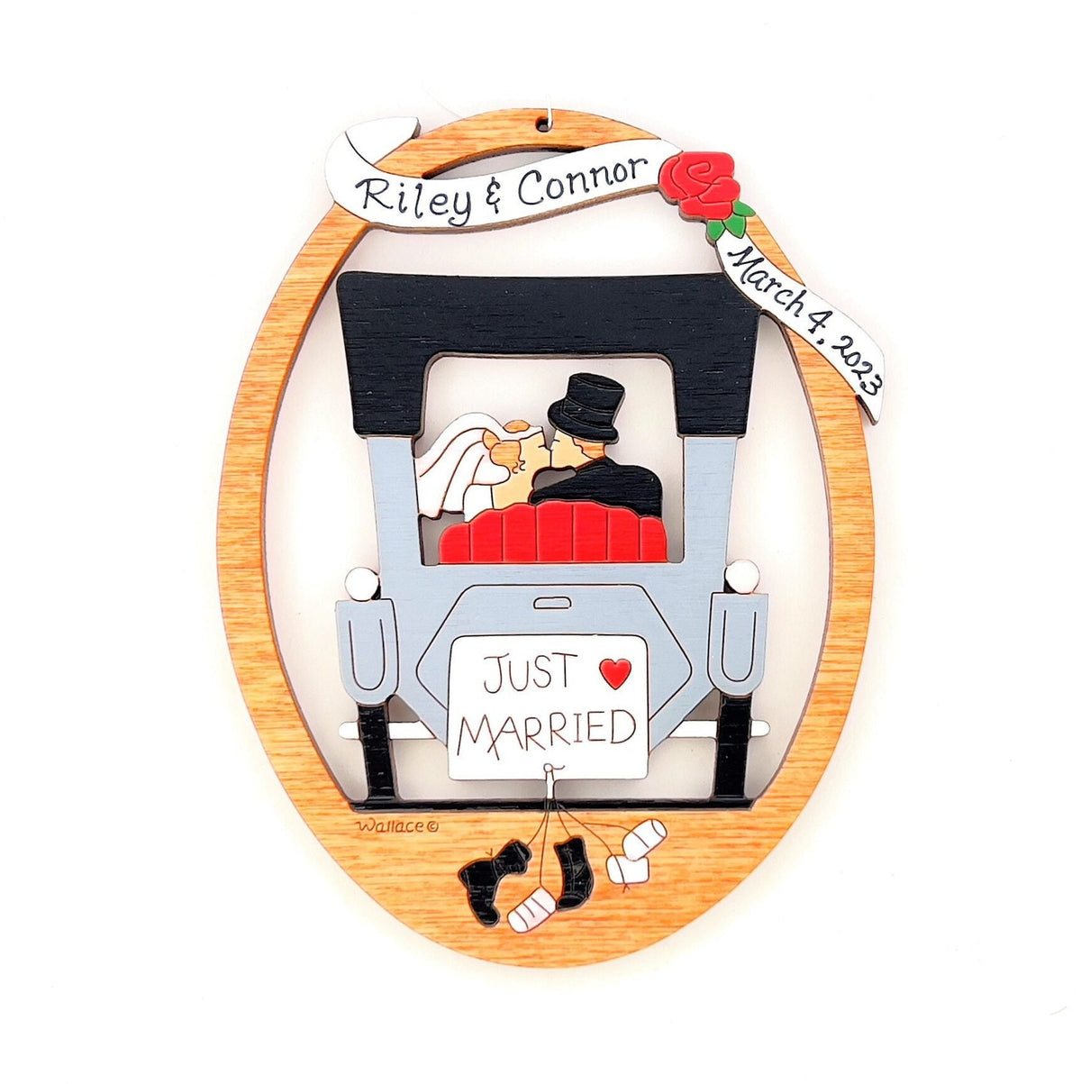 Personalized Wedding Bride And Groom Just Married Christmas Ornament- Wood, Laser Cut Wood Hanging Ornament