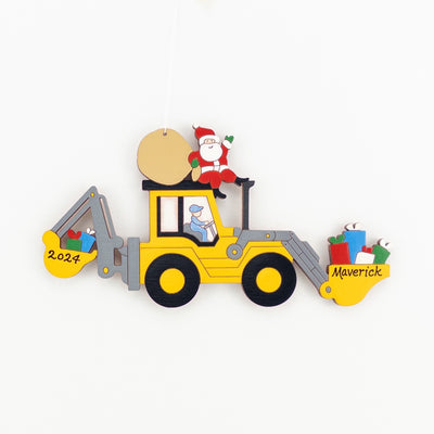 Personalized Christmas Backhoe Loader Construction Ornament- Wood, Laser Cut Wood Hanging Ornament