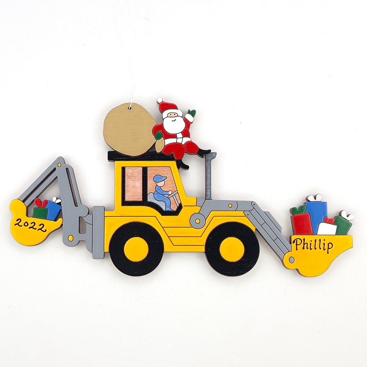 Personalized Christmas Backhoe Loader Construction Ornament- Wood, Laser Cut Wood Hanging Ornament