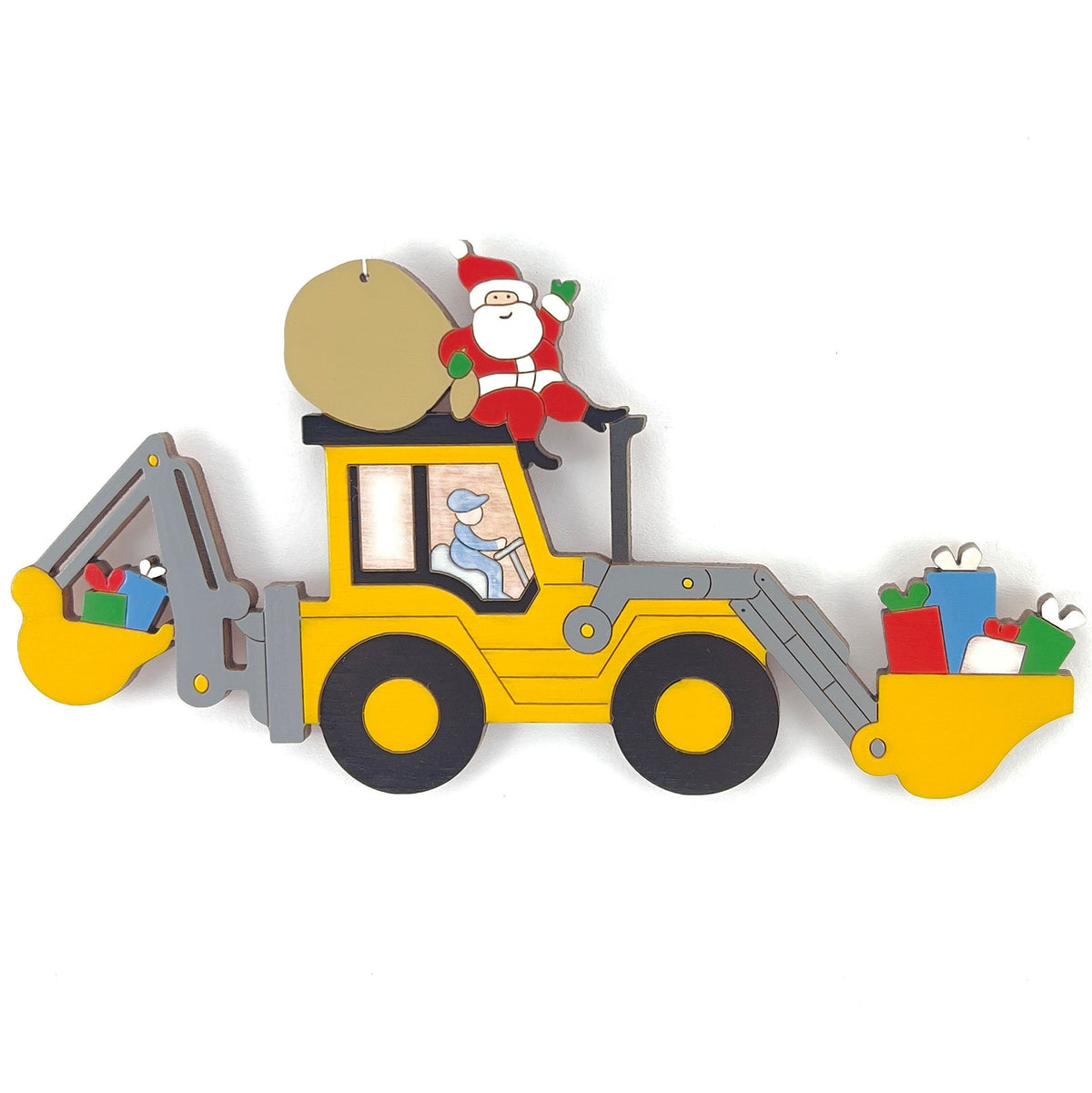Personalized Christmas Backhoe Loader Construction Ornament- Wood, Laser Cut Wood Hanging Ornament