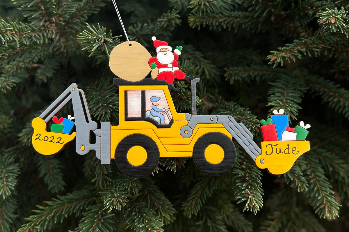 Personalized Christmas Backhoe Loader Construction Ornament- Wood, Laser Cut Wood Hanging Ornament