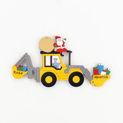 Personalized Christmas Backhoe Loader Construction Ornament- Wood, Laser Cut Wood Hanging Ornament