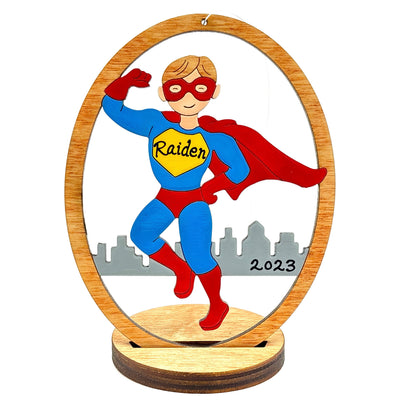 Personalized Super Hero Boy Christmas Ornament- Wood, Laser Cut Wood Hanging Ornament