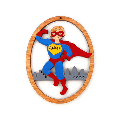 Personalized Super Hero Boy Christmas Ornament- Wood, Laser Cut Wood Hanging Ornament