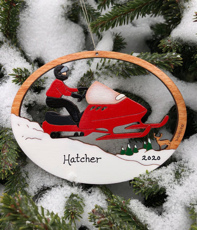 Personalized Snowmobile Christmas Ornament-Wood, Laser Cut Wood Hanging Ornament