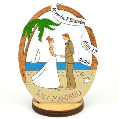 Personalized Beach Destination Wedding Couple Bride And Groom Christmas Ornament- Wood, Laser Cut Wood Hanging Ornament