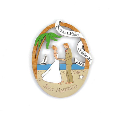 Personalized Beach Destination Wedding Couple Bride And Groom Christmas Ornament- Wood, Laser Cut Wood Hanging Ornament