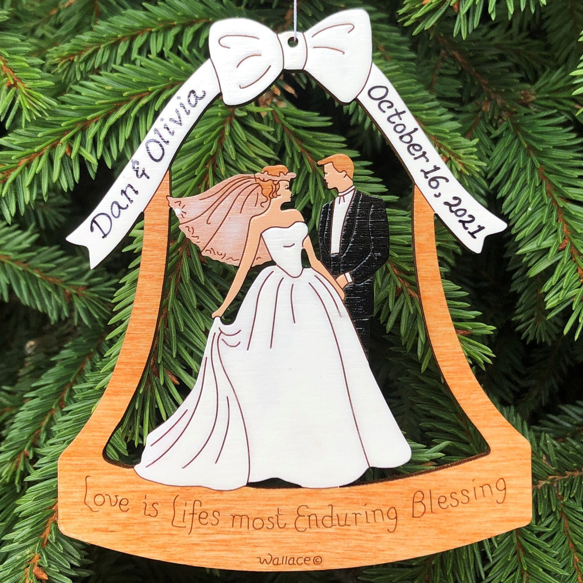 Personalized Wedding Couple Bride And Groom Bell Christmas Ornament- Wood, Laser Cut Wood Hanging Ornament