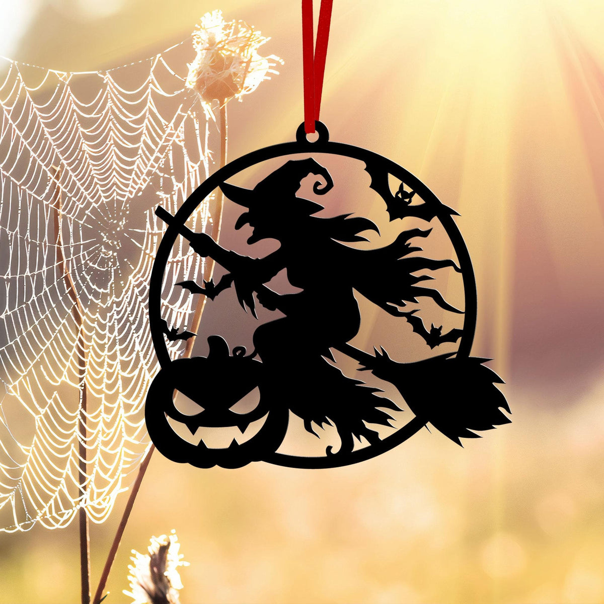 Halloween Ornament Metal, Witch With Pumpkin Bats Ornament, Tree Hanging, Spooky Halloween Gift For Family Friends, Halloween Decoration