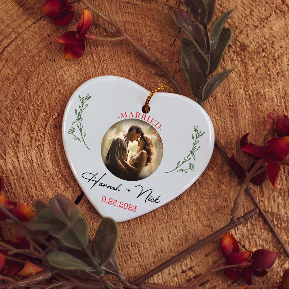 Engaged Christmas Ceramic Ornaments Custom Names, Date And Photo, Hanging Decorations
