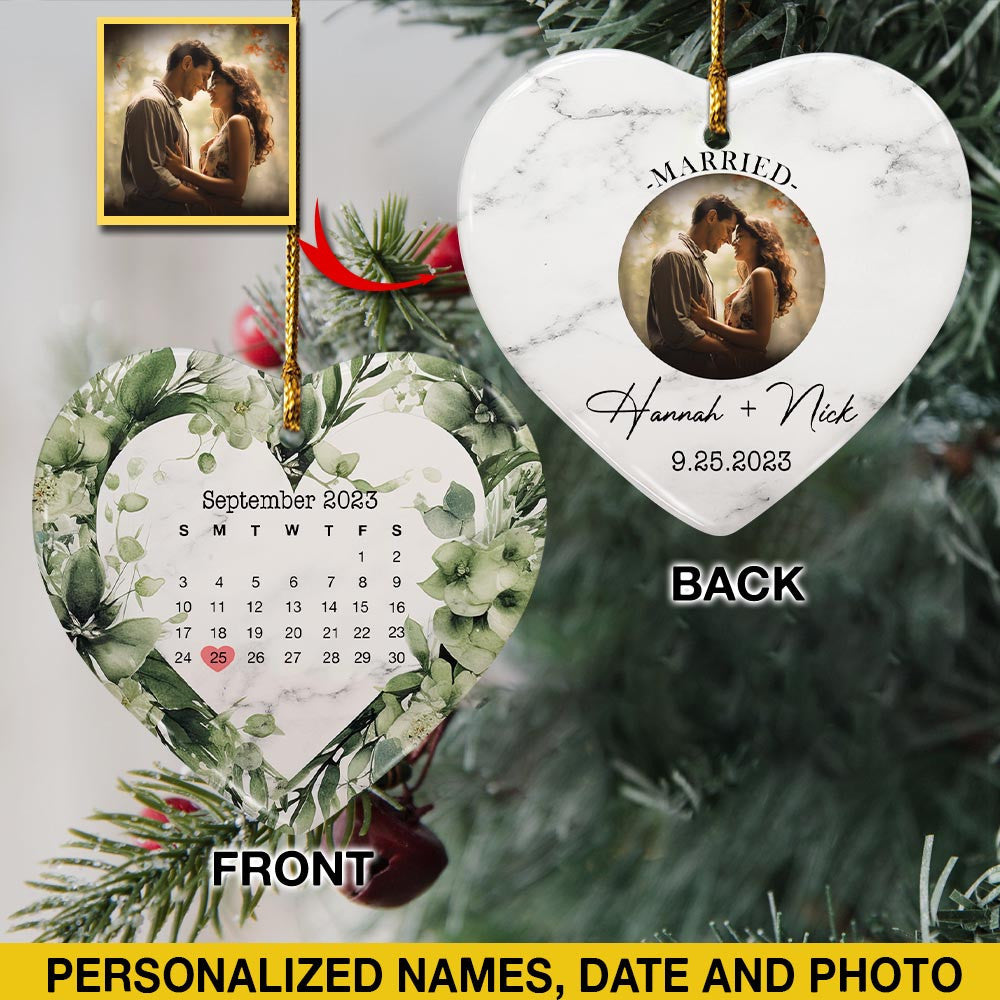 Engaged Christmas Ceramic Ornaments Custom Names, Date And Photo, Hanging Decorations