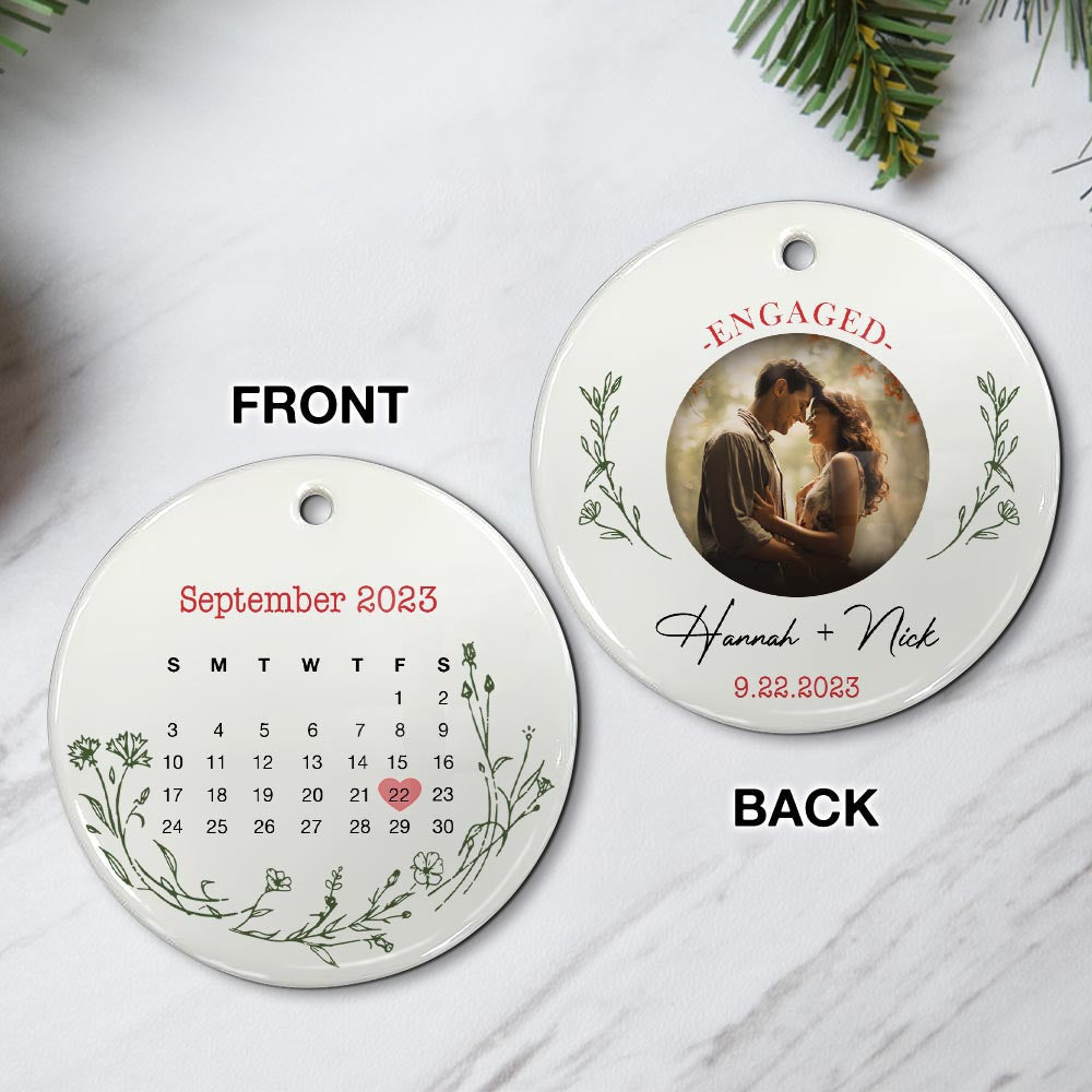 Engaged Christmas Ceramic Ornaments Custom Names, Date And Photo, Hanging Decorations