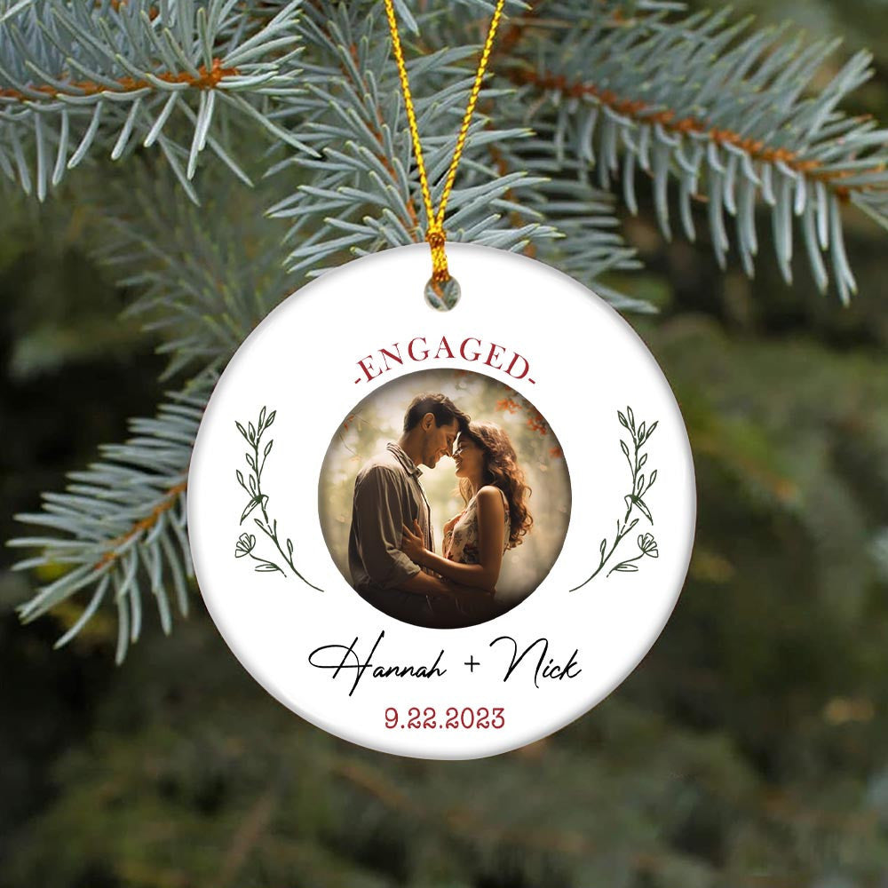 Engaged Christmas Ceramic Ornaments Custom Names, Date And Photo, Hanging Decorations