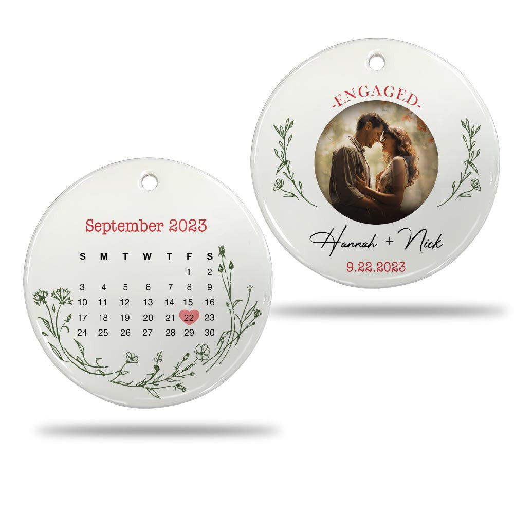 Engaged Christmas Ceramic Ornaments Custom Names, Date And Photo, Hanging Decorations