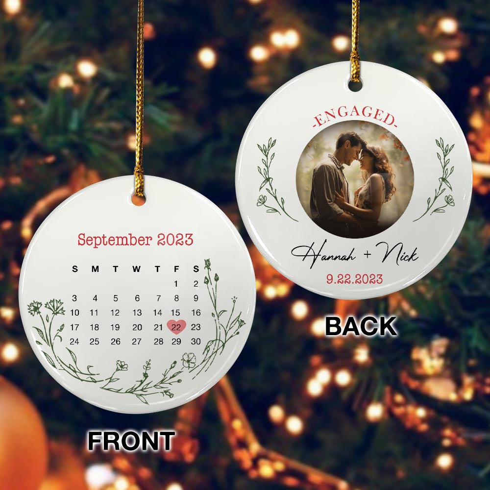Engaged Christmas Ceramic Ornaments Custom Names, Date And Photo, Hanging Decorations