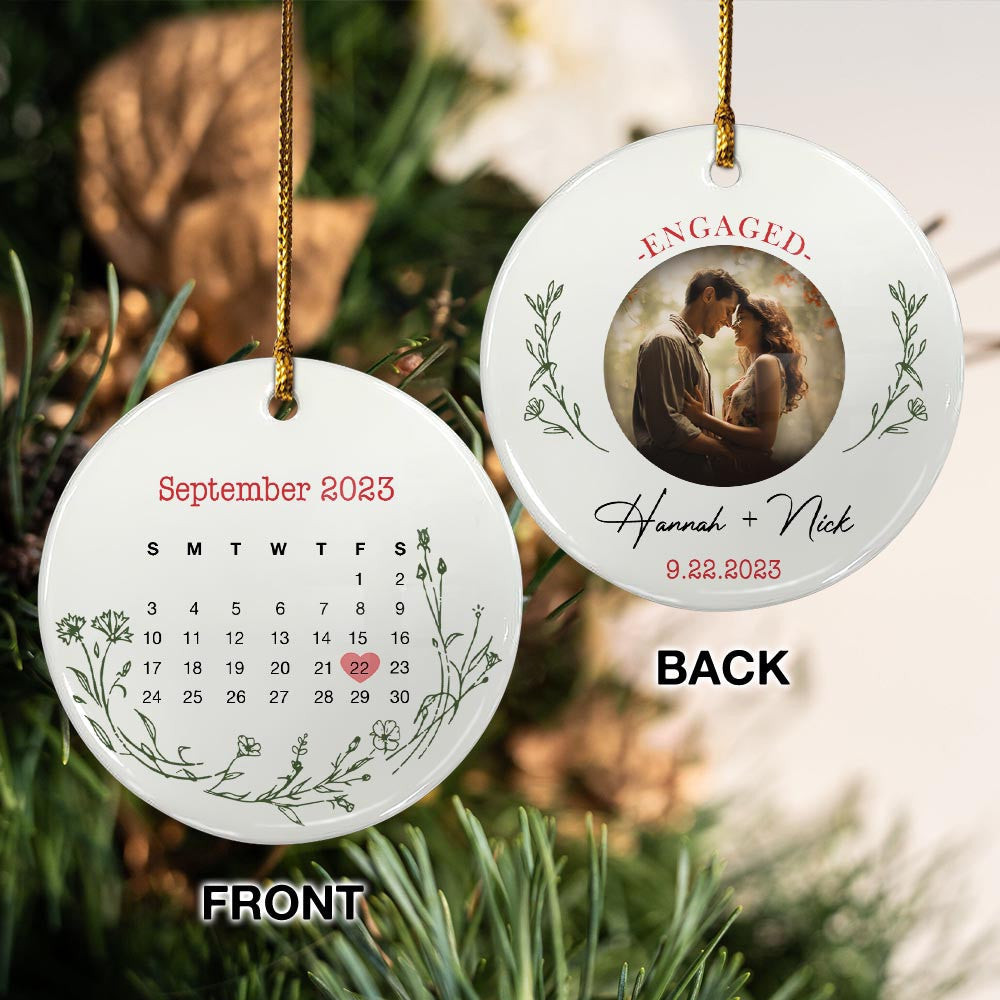 Engaged Christmas Ceramic Ornaments Custom Names, Date And Photo, Hanging Decorations