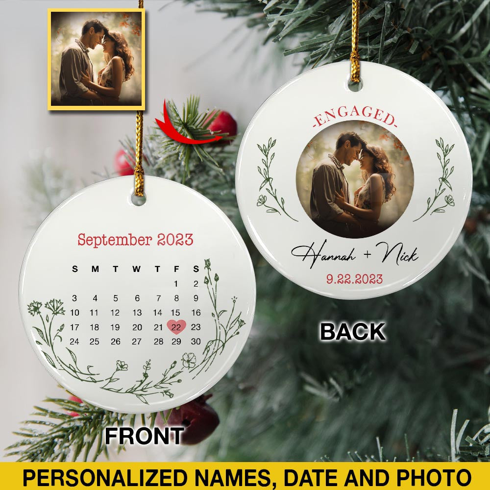 Engaged Christmas Ceramic Ornaments Custom Names, Date And Photo, Hanging Decorations