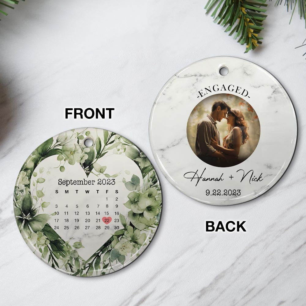 Engaged Christmas Ceramic Ornaments Custom Names, Date And Photo, Hanging Decorations
