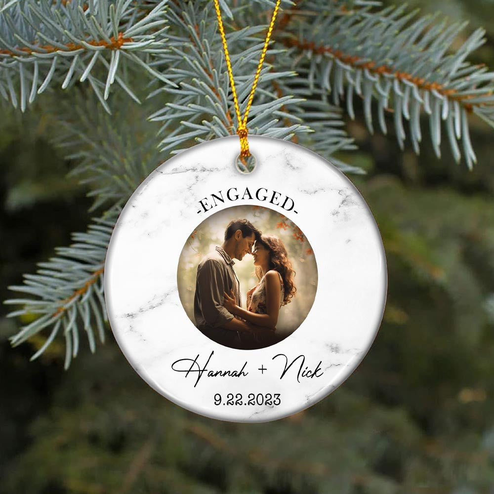 Engaged Christmas Ceramic Ornaments Custom Names, Date And Photo, Hanging Decorations