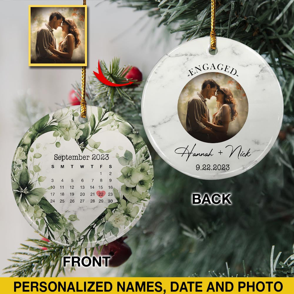 Engaged Christmas Ceramic Ornaments Custom Names, Date And Photo, Hanging Decorations
