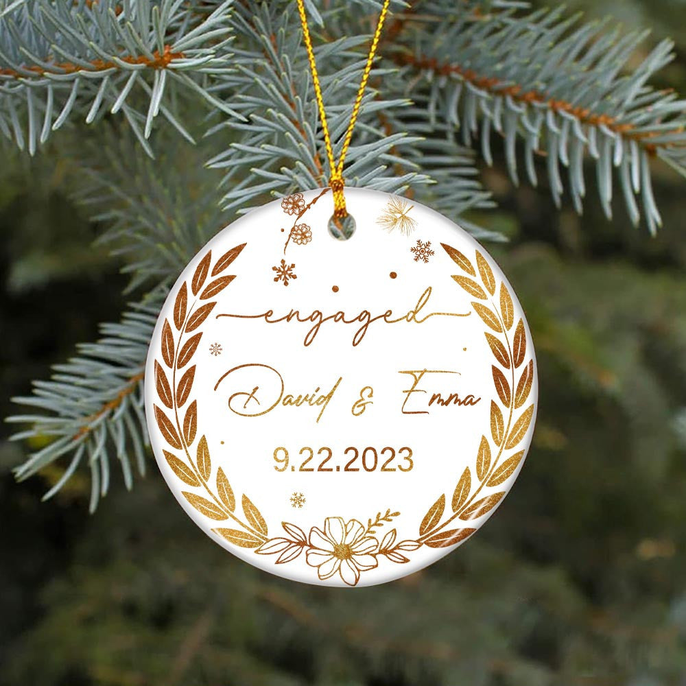 Engaged Christmas Ceramic Ornaments Custom Names, Date And Photo, Hanging Decorations