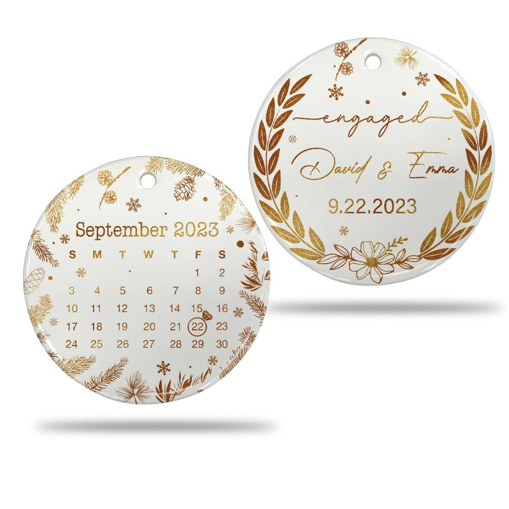 Engaged Christmas Ceramic Ornaments Custom Names, Date And Photo, Hanging Decorations