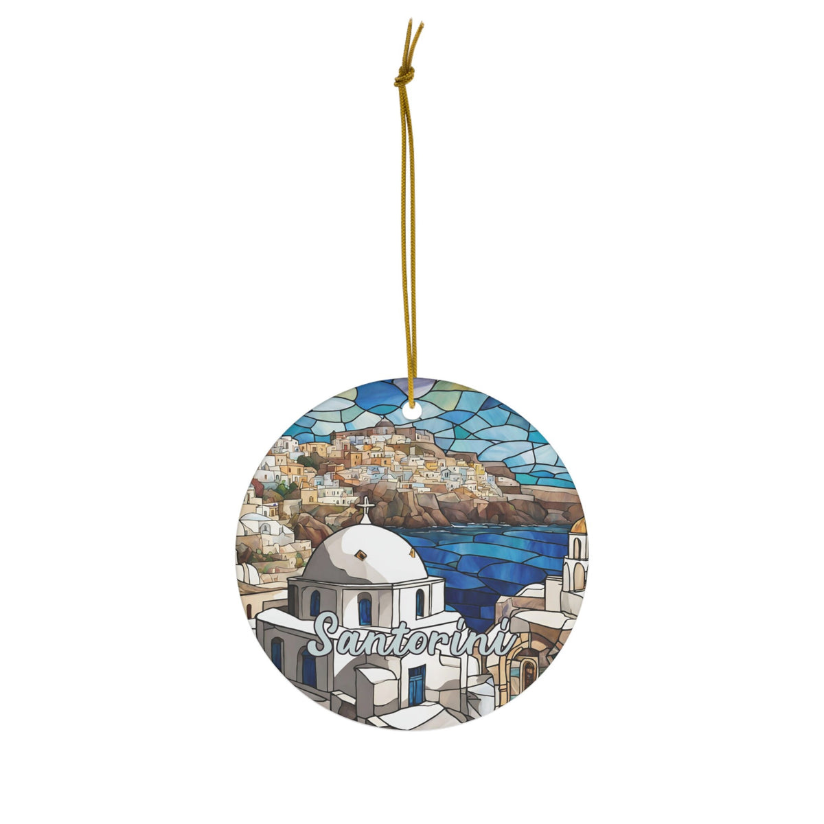 Santorini Ornament, Faux Stained Glass Ornament, Vacation Gift, Ceramic Christmas Tree Ornament, Greek Honeymoon Vacay Travel Gift