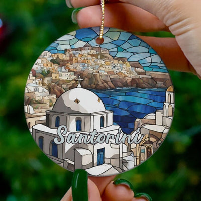 Santorini Ornament, Faux Stained Glass Ornament, Vacation Gift, Ceramic Christmas Tree Ornament, Greek Honeymoon Vacay Travel Gift