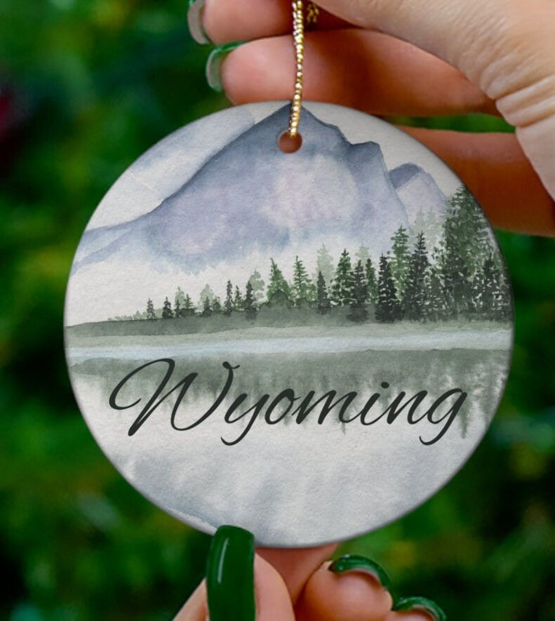 Wyoming Ornament, 2023 Christmas Decoration, Holiday Gift Idea, Heirloom Keepsake, Round Ceramic, Gift Exchange, Gift Idea