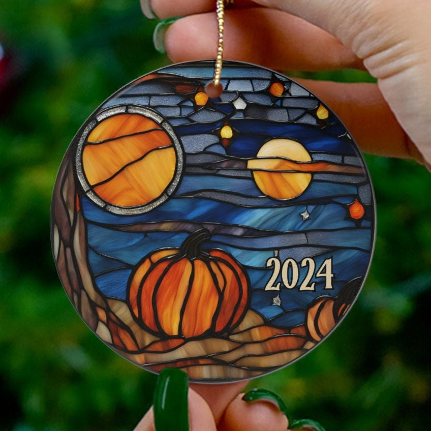 Halloween Ornament, Cute Spooky Pumpkins Night Sky Faux-Stained Glass Ornament, Fall Holiday Tree Ornaments, Keepsake Gifts