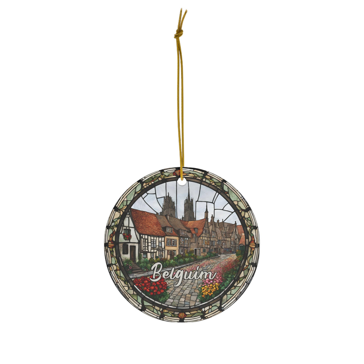 Belgium Ornament, Faux Stained Ornament, Vacation Gift, Ceramic Christmas Tree Ornament, Honeymoon Vacay Travel, Keepsake Gift